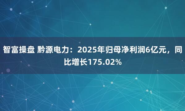 智富操盘 黔源电力：2025年归母净利润6亿元，同比增长175.02%